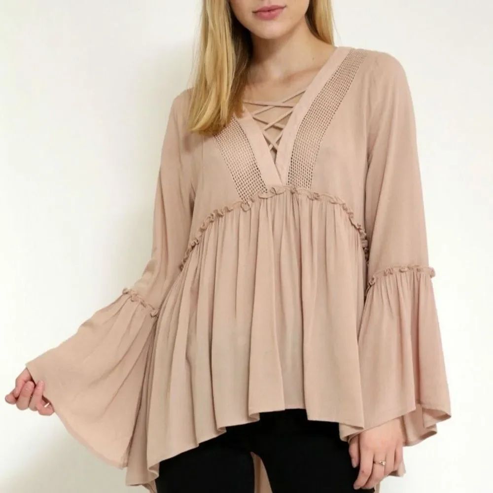 FOREVER 21 Nude Pink Bell Sleeve V-neck Mesh Detail Flowy Ruffle Boho Blouse